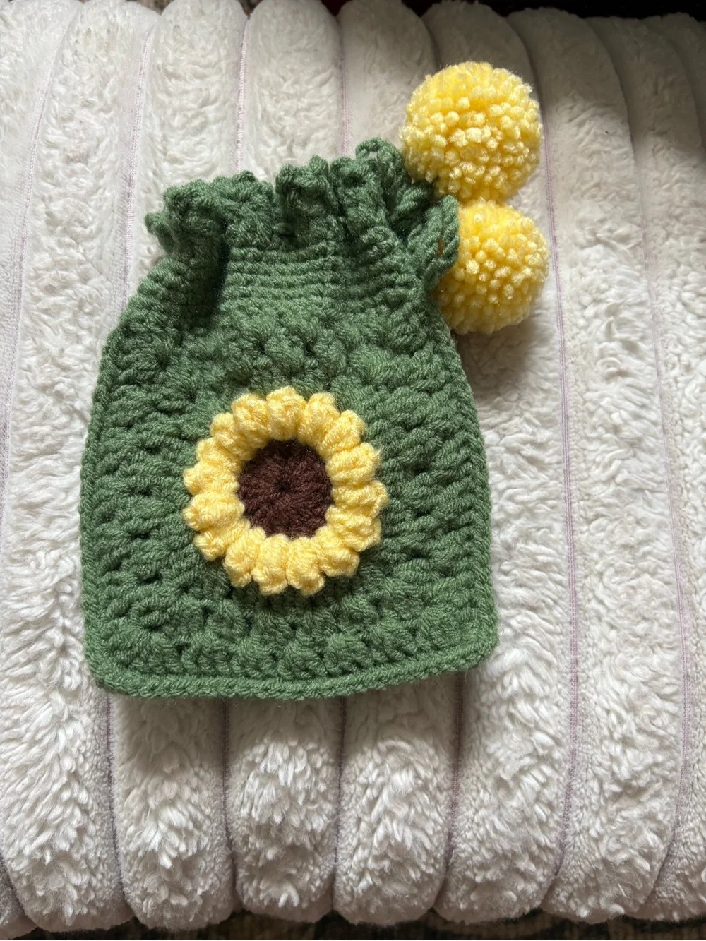 Handmade Green Kids Drawstring Beanie with Yellow Sunflower